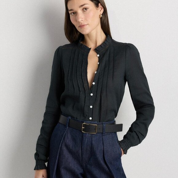 Quince Tops - Quince Organic Textured Cotton Peasant Blouse in Black